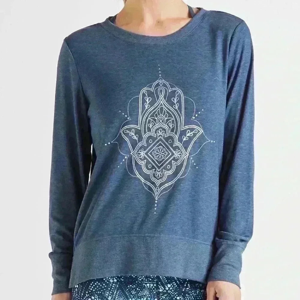 GAIAM blue hi lo hamsa 🪬 design long sleeve top yoga sweatshirt L
